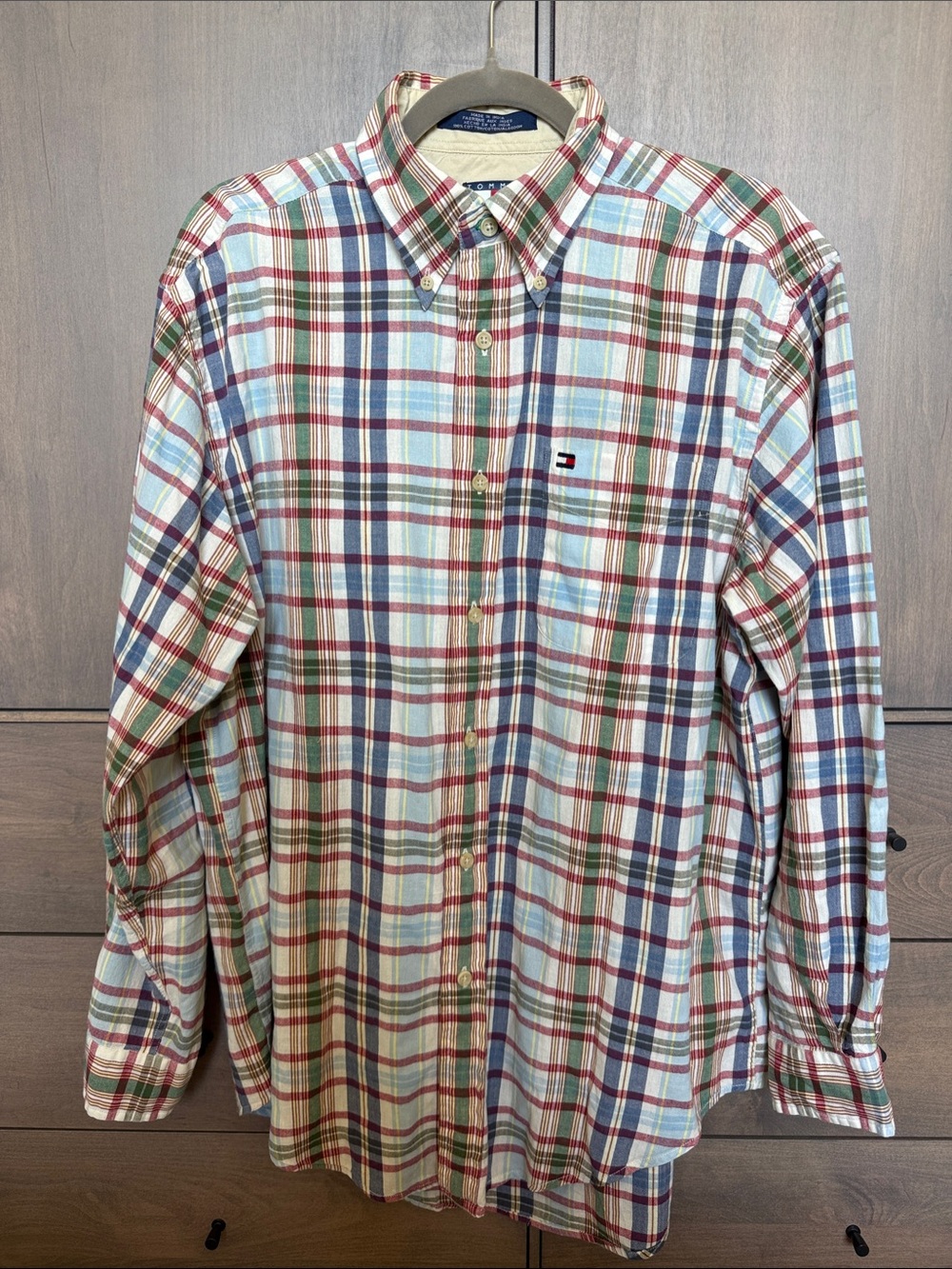 1991 Tommy Hilfiger Men's Button-Down Plaid Shirt - White, Red, Blue, Green
